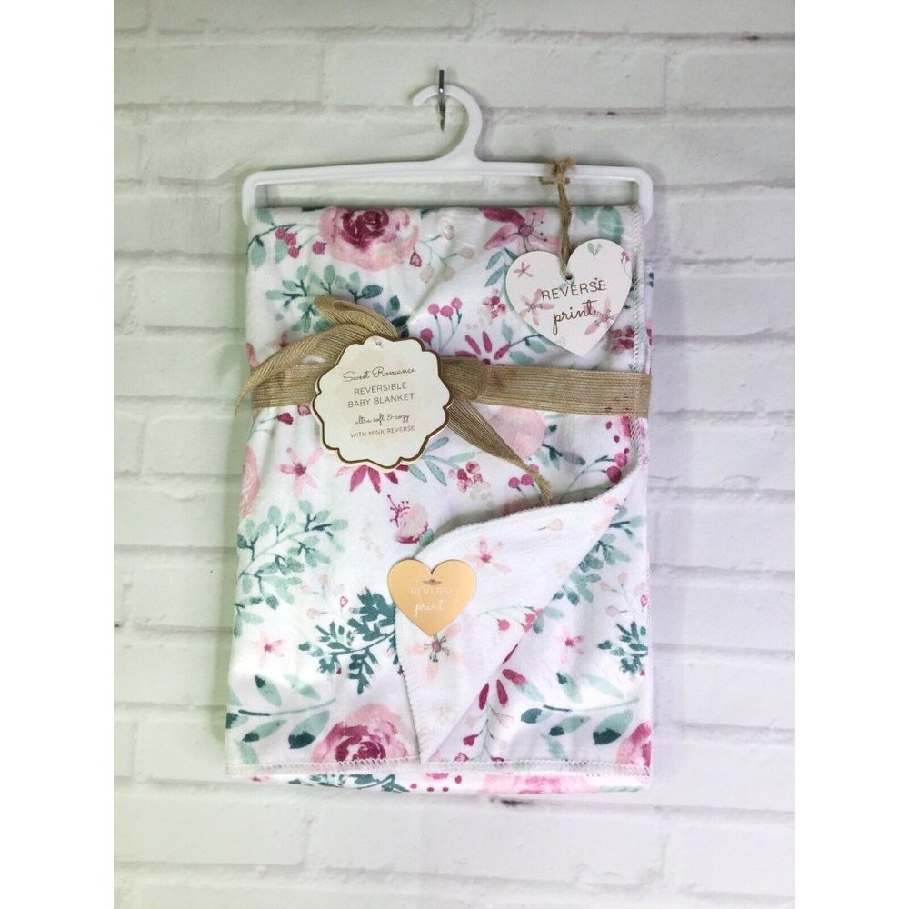 Sweet Romance Reversible Mink Baby Blanket Pink Green Floral Flowers Print